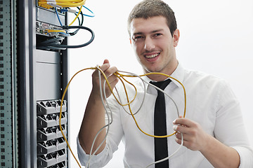 Image showing young it engeneer in datacenter server room