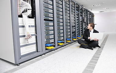 Image showing businessman with laptop in network server room