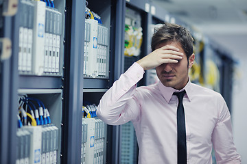 Image showing young it engeneer in datacenter server room