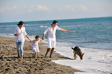 Image showing happy family playing with dog on beach