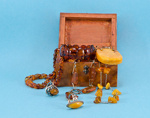 Image showing Amber apparel jewelry retro wooden box on blue 