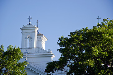 Image showing Church towers and cross on  blue sky 