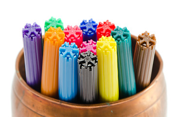 Image showing motley felt-tip pens copper bowl isolated on white 