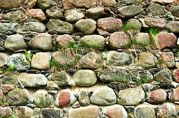 Image showing Backdrop of retro castle stone wall and grass grow 