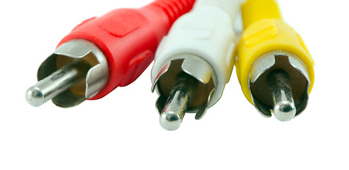 Image showing Closeup of tulip video audio tv cable wires plugs 