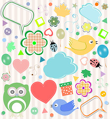 Image showing Set of vector elements - owls, birds, flowers, ladybugs