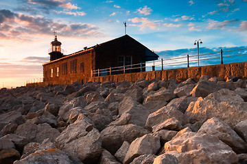 Image showing Lighthouse on the pier in Morecambe