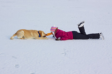 Image showing Playing with dog in winter