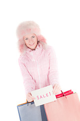 Image showing Beutiful woman in pink witsh shopping bags