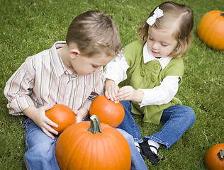 Image showing Cute Young Brother and Sister At the Pumpkin Patch