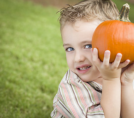 Image showing Cute Young Child Boy Enjoying the Pumpkin Patch.