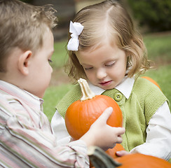 Image showing Cute Young Brother and Sister At the Pumpkin Patch