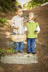 Image showing Two Children with Basket Collecting Pine Cones Outside