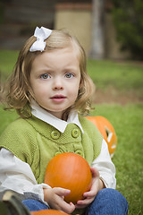 Image showing Cute Young Child Girl Enjoying the Pumpkin Patch.