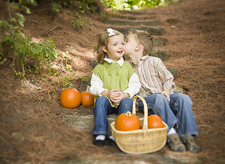 Image showing Brother and Sister Children on Wood Steps with Pumpkins Whisperi
