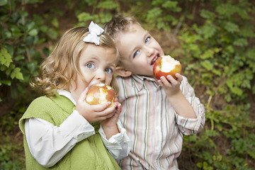 Image showing Adorable Brother and Sister Children Eating Apples Outside