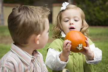 Image showing Cute Young Brother and Sister At the Pumpkin Patch