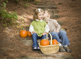 Image showing Brother and Sister Children on Wood Steps with Pumpkins Whisperi