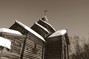 Image showing wooden chapel on celestial background, sepia