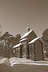 Image showing wooden chapel in pine wood, sepia