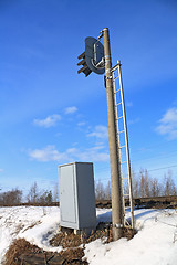 Image showing railway semaphore on blue background