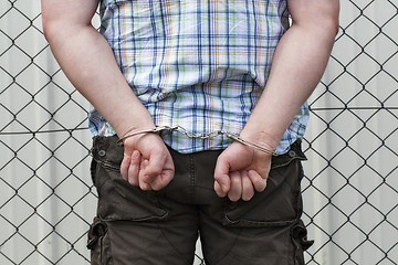 Image showing 	Man in handcuffs behind wire fence