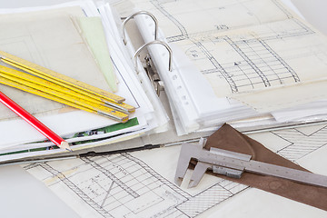 Image showing Architectural plans of the old paper measuring tools and file with the project