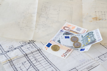 Image showing Architectural plans and euro money