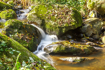 Image showing Falls on the small mountain river in a wood shooted in autumn