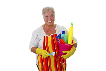 Image showing Female senior with  cleaning utensils 