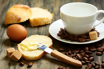 Image showing Coffee beans, eggs, bread and butter.
