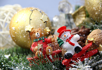 Image showing Christmas decorations bear and snowman 	 