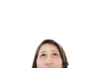 Image showing Closeup portrait of a young woman looking up isolated on white b