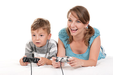 Image showing Happy family playing a video game