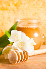 Image showing jar of honey on the background of honeycombs 