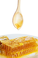 Image showing spoon with honeycomb  on white plate