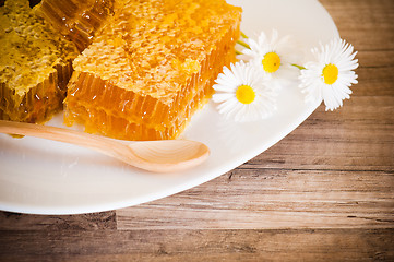 Image showing honeycomb with daisies on white plate 