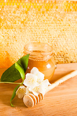 Image showing jar of honey on the background of honeycombs 