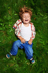 Image showing adorable kid laughing on grass