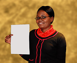 Image showing African Lady Holding Blank Document