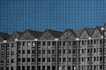 Image showing Abstract Black and White Building Blue Tiles