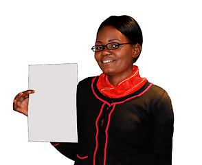 Image showing Isolated African Lady Holding Blank Document