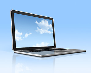 Image showing Laptop computer with sky screen isolated on blue