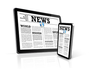 Image showing news on mobile phone and digital tablet pc computer