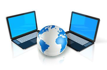Image showing two Laptop computers around a world globe