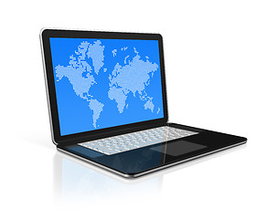 Image showing black Laptop computer isolated on white with worldmap on screen