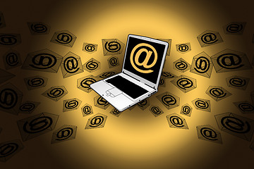 Image showing 3D E-Mail Laptop Golden Flying Messages
