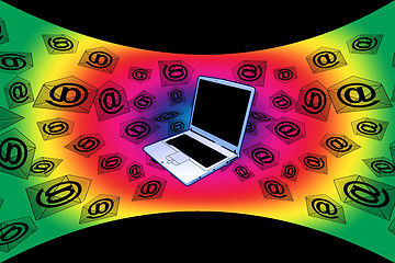 Image showing 3D E-Mail Laptop Curved Rainbow Flying Messages