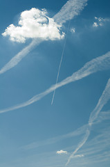 Image showing Traces of planes and clouds in the sky