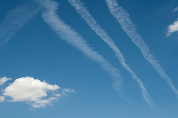 Image showing Traces of planes and clouds in the sky